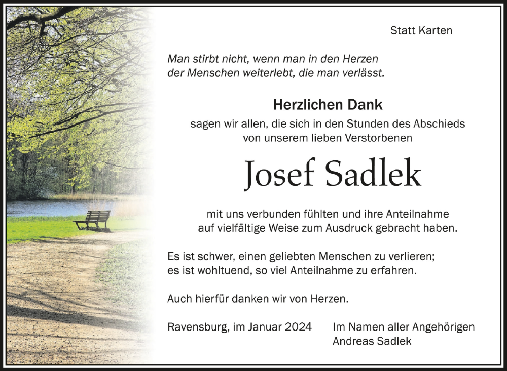  Traueranzeige für Josef Sadlek vom 13.01.2024 aus Schwäbische Zeitung