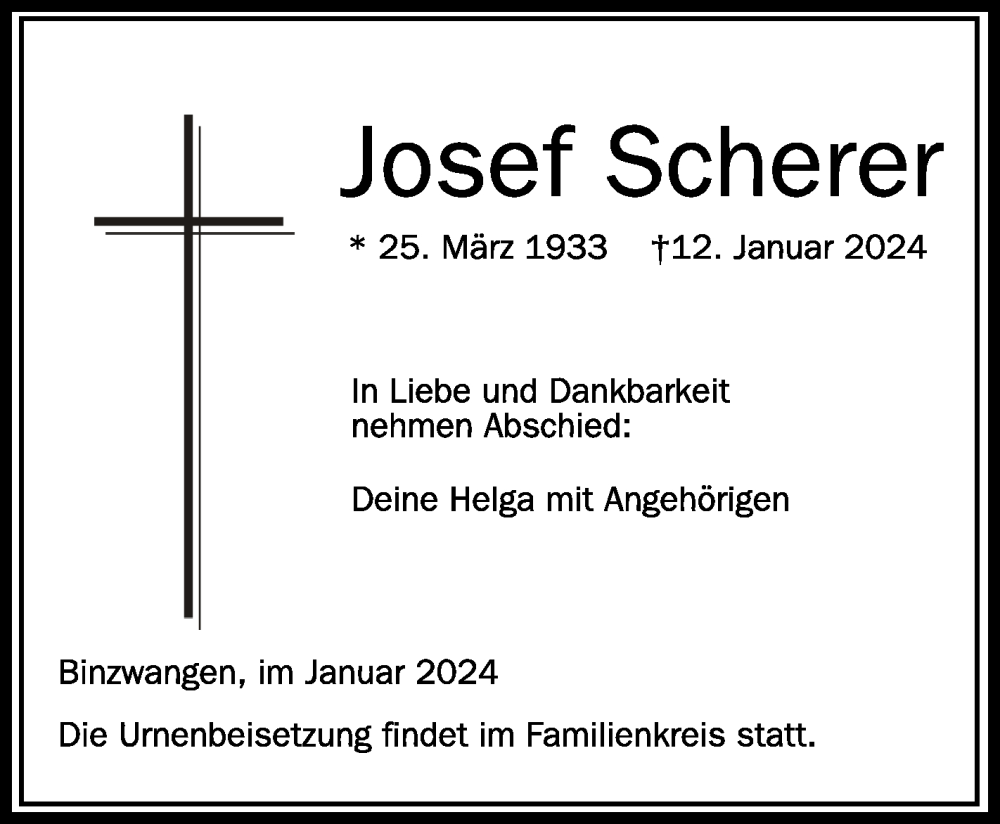  Traueranzeige für Josef Scherer vom 20.01.2024 aus Schwäbische Zeitung