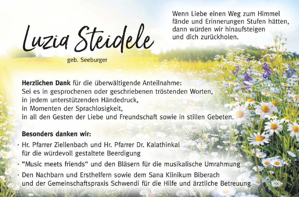  Traueranzeige für Luzia Steidele vom 13.01.2024 aus Schwäbische Zeitung