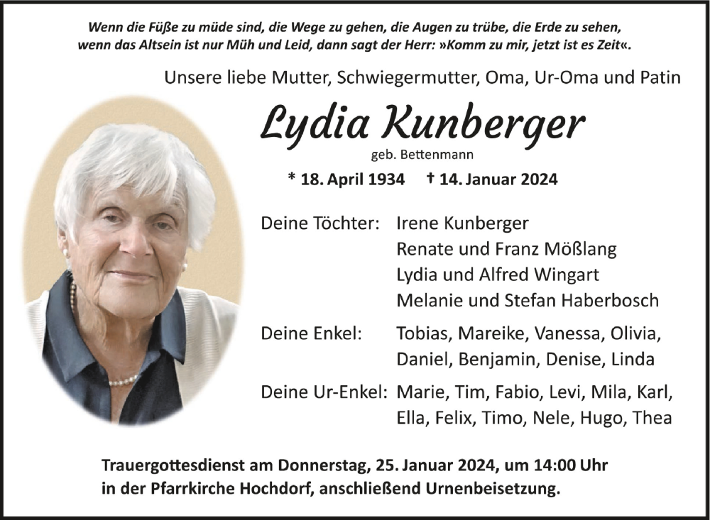  Traueranzeige für Lydia Kunberger vom 20.01.2024 aus Schwäbische Zeitung
