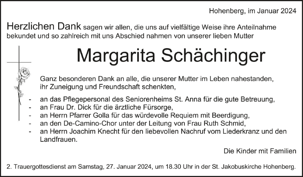  Traueranzeige für Margarita Schächinger vom 25.01.2024 aus Schwäbische Zeitung