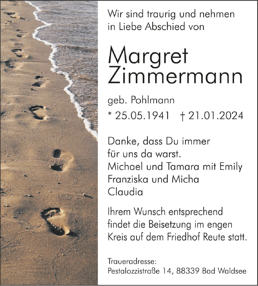  Traueranzeige für Margret Zimmermann vom 27.01.2024 aus Schwäbische Zeitung
