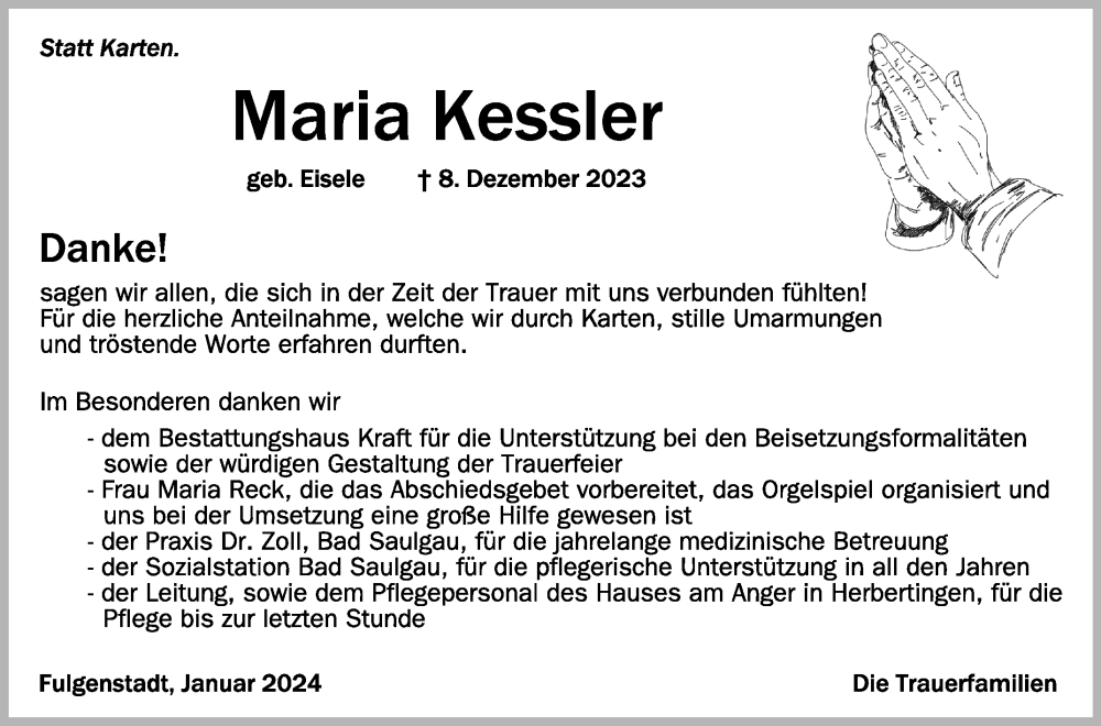  Traueranzeige für Maria Kessler vom 24.01.2024 aus Schwäbische Zeitung
