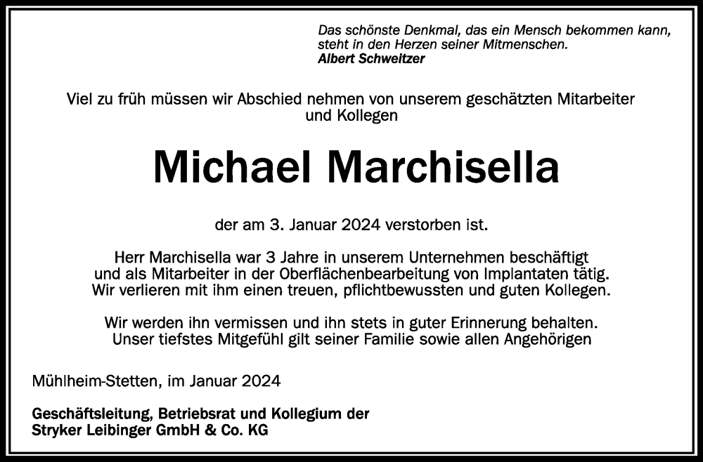  Traueranzeige für Michael Marchisella vom 13.01.2024 aus Schwäbische Zeitung