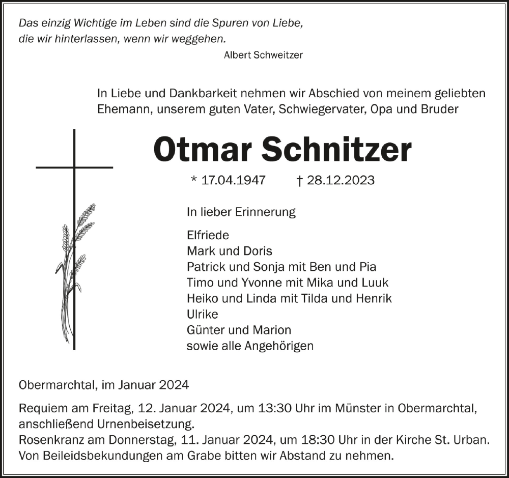  Traueranzeige für Otmar Schnitzer vom 08.01.2024 aus Schwäbische Zeitung