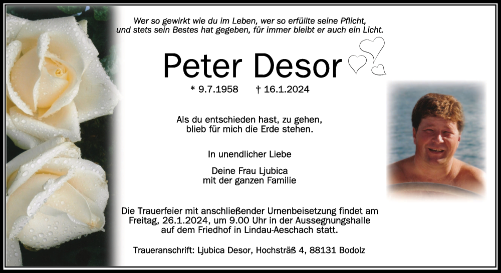  Traueranzeige für Peter Desor vom 20.01.2024 aus Schwäbische Zeitung