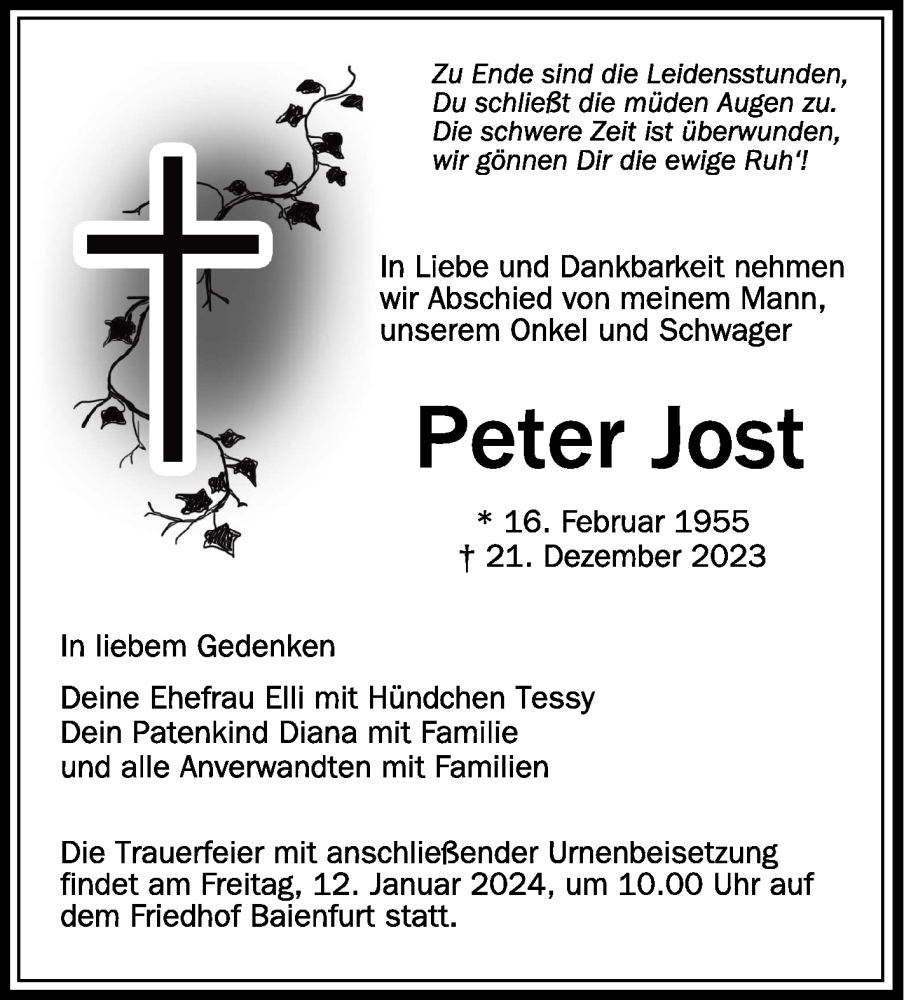  Traueranzeige für Peter Jost vom 09.01.2024 aus Schwäbische Zeitung