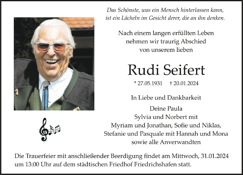  Traueranzeige für Rudi Seifert vom 25.01.2024 aus Schwäbische Zeitung