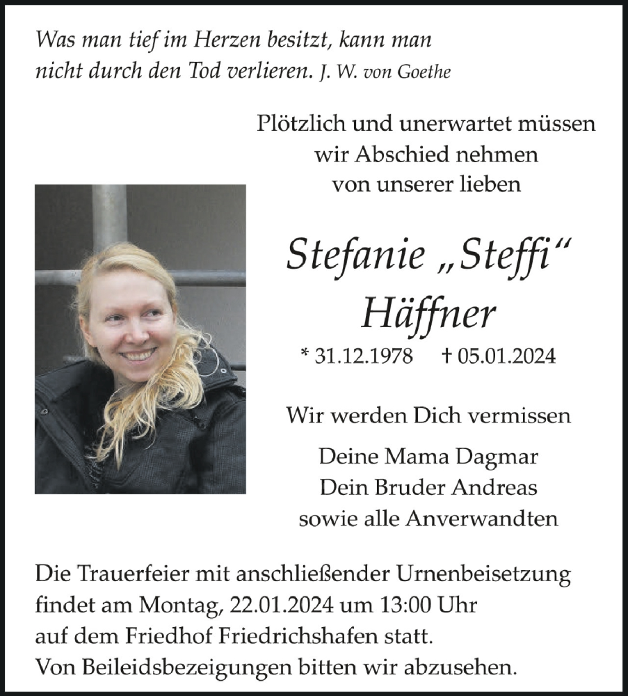 Traueranzeigen von Stefanie Häffner | schwaebische.de Trauerportal