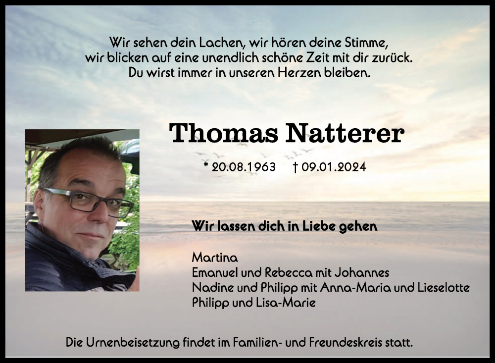  Traueranzeige für Thomas Natterer vom 18.01.2024 aus Schwäbische Zeitung