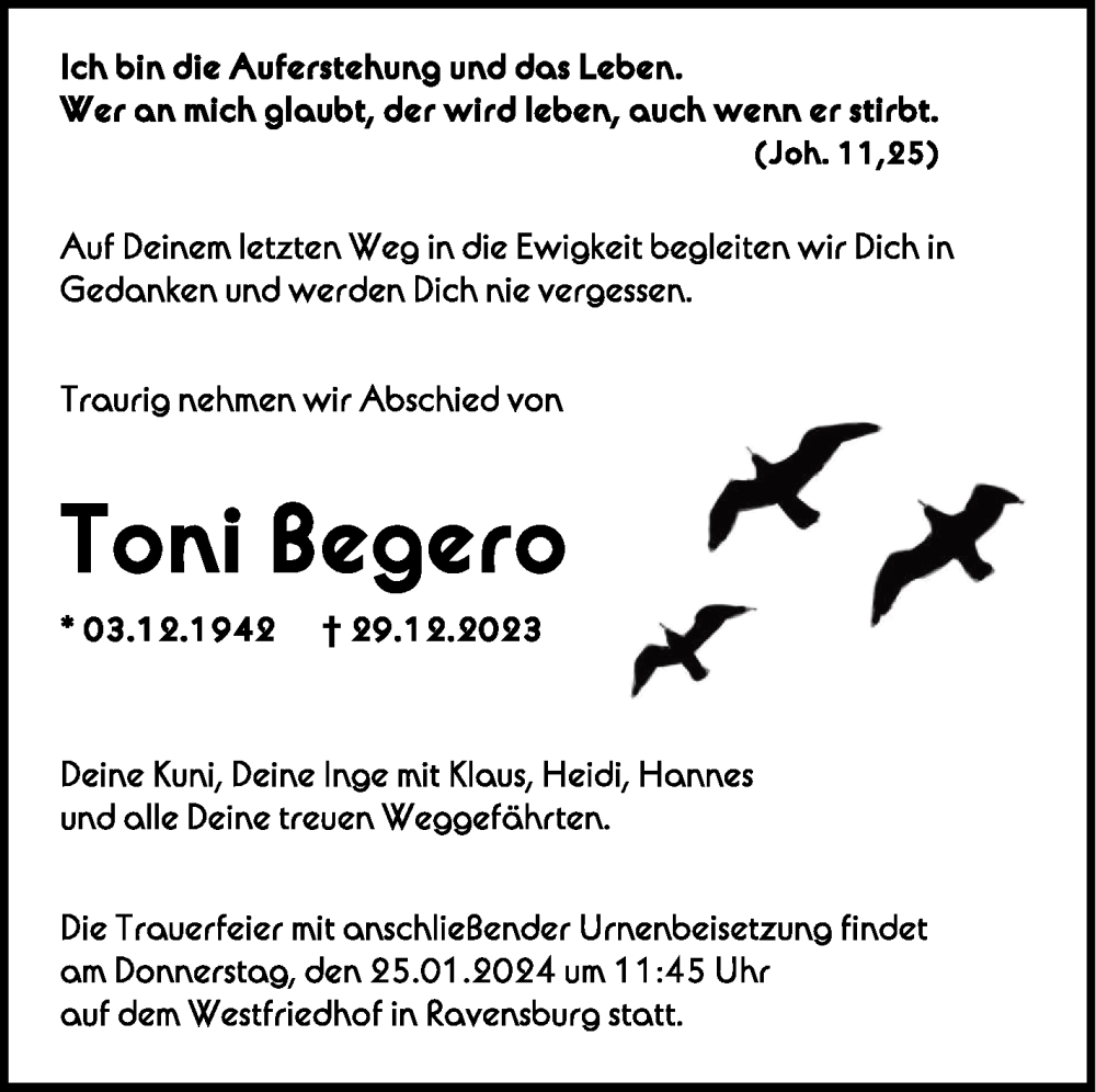  Traueranzeige für Toni Begero vom 13.01.2024 aus Schwäbische Zeitung