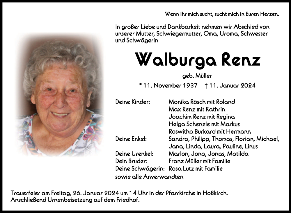  Traueranzeige für Walburga Renz vom 20.01.2024 aus Schwäbische Zeitung