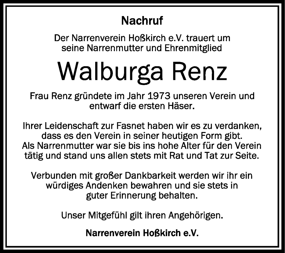  Traueranzeige für Walburga Renz vom 23.01.2024 aus Schwäbische Zeitung