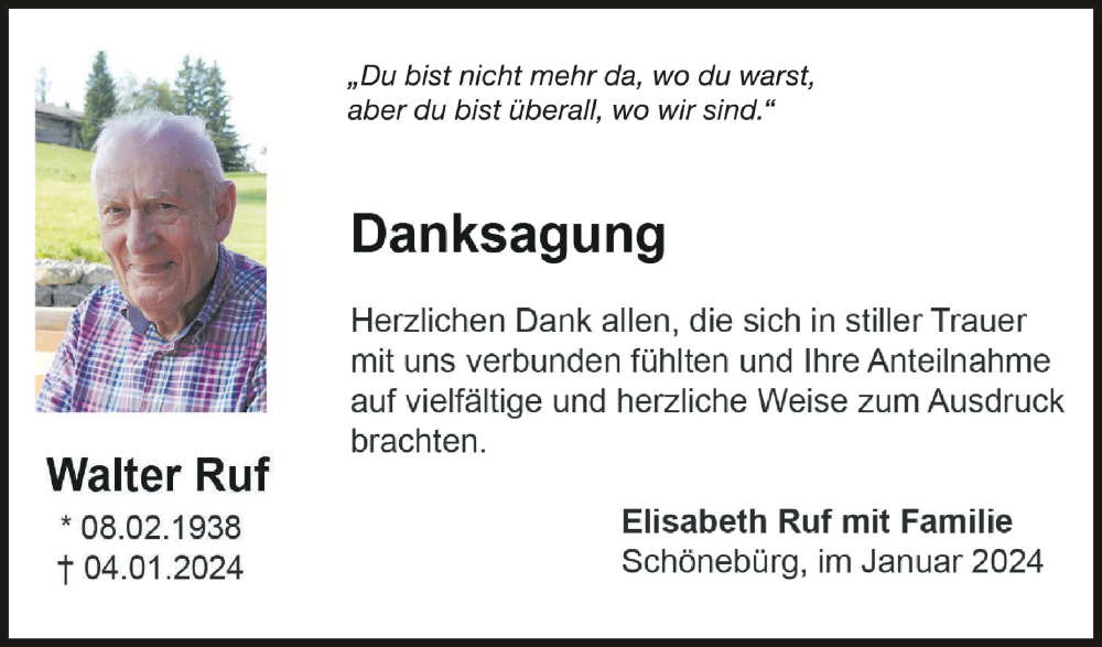  Traueranzeige für Walter Ruf vom 27.01.2024 aus Schwäbische Zeitung