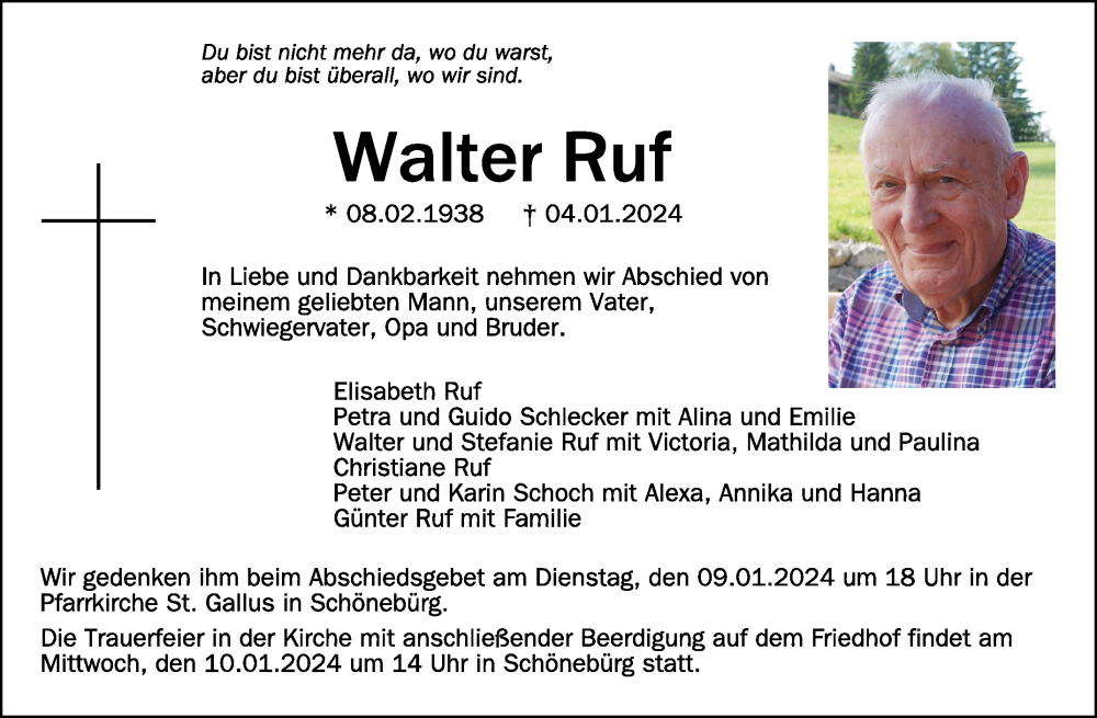  Traueranzeige für Walter Ruf vom 09.01.2024 aus Schwäbische Zeitung