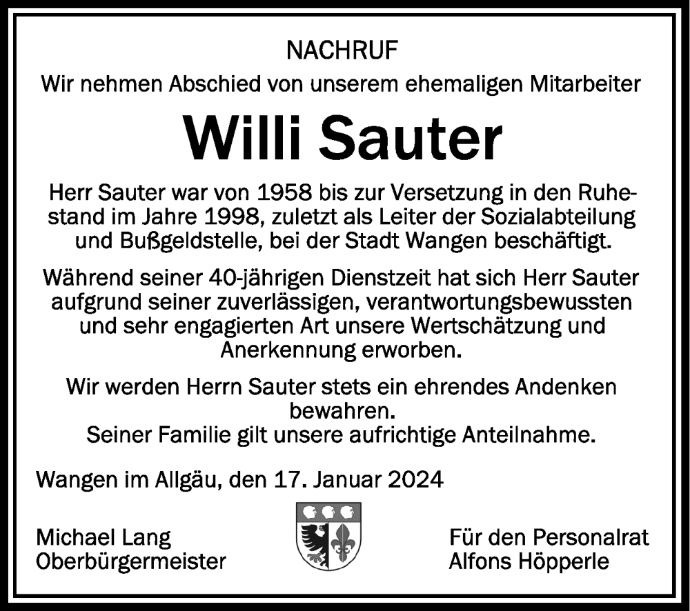 Traueranzeige für Willi Sauter vom 17.01.2024 aus Schwäbische Zeitung