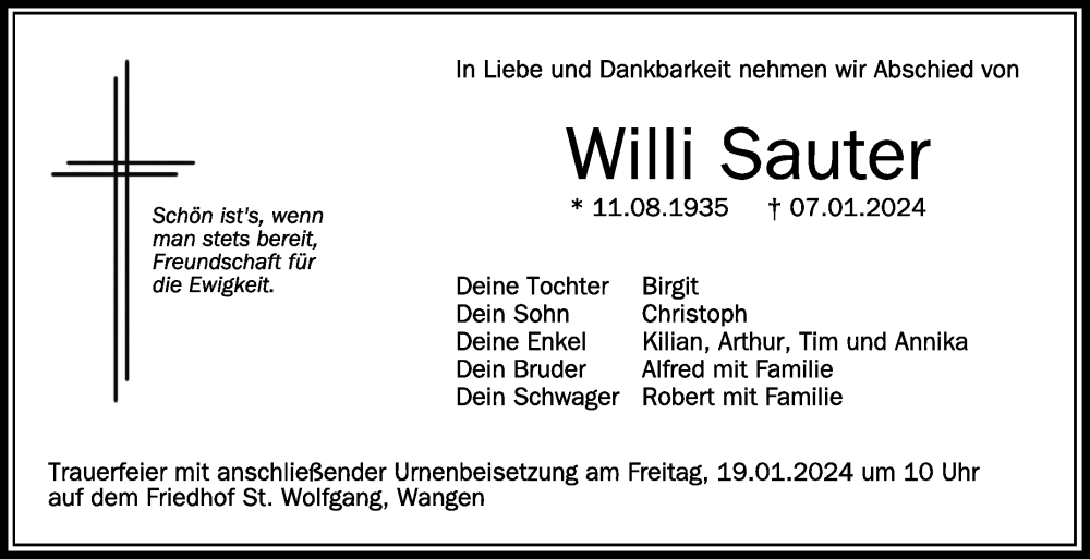 Traueranzeige für Willi Sauter vom 13.01.2024 aus Schwäbische Zeitung