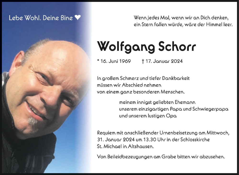  Traueranzeige für Wolfgang Schorr vom 27.01.2024 aus Schwäbische Zeitung