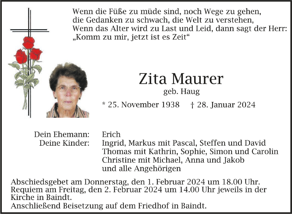 Traueranzeige für Zita Maurer vom 31.01.2024 aus Schwäbische Zeitung