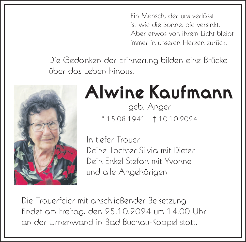  Traueranzeige für Alwine Kaufmann vom 25.10.2024 aus Riedlingen