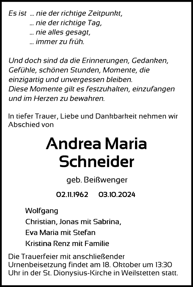  Traueranzeige für Andrea Maria Schneider vom 12.10.2024 aus Balingen