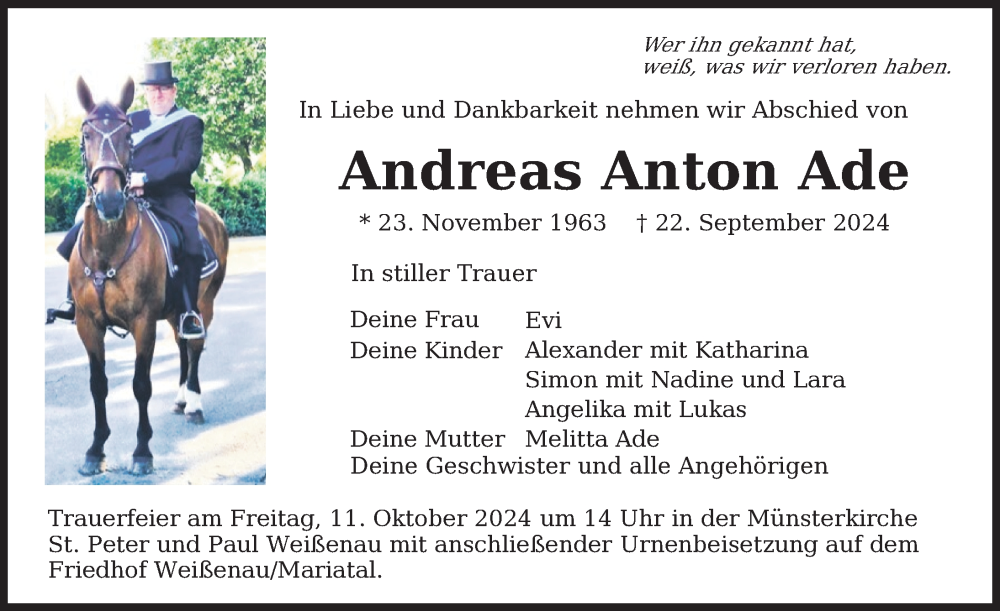  Traueranzeige für Andreas Anton Ade vom 05.10.2024 aus Ravensburg