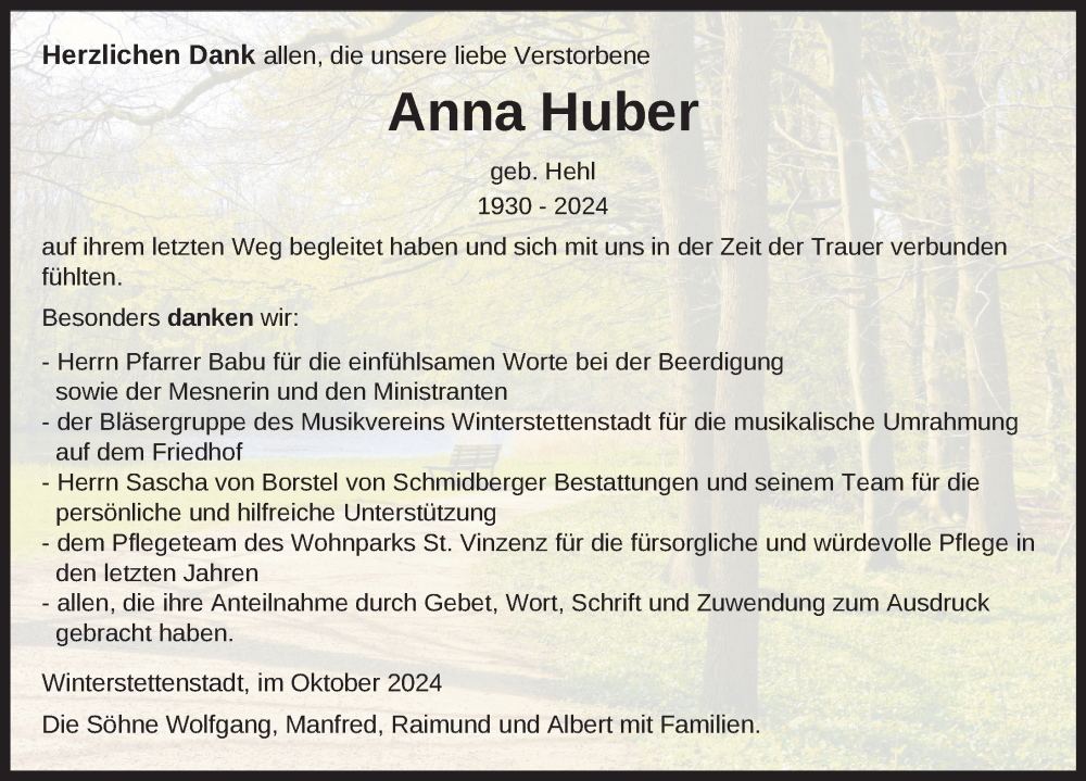  Traueranzeige für Anna Huber vom 19.10.2024 aus Biberach