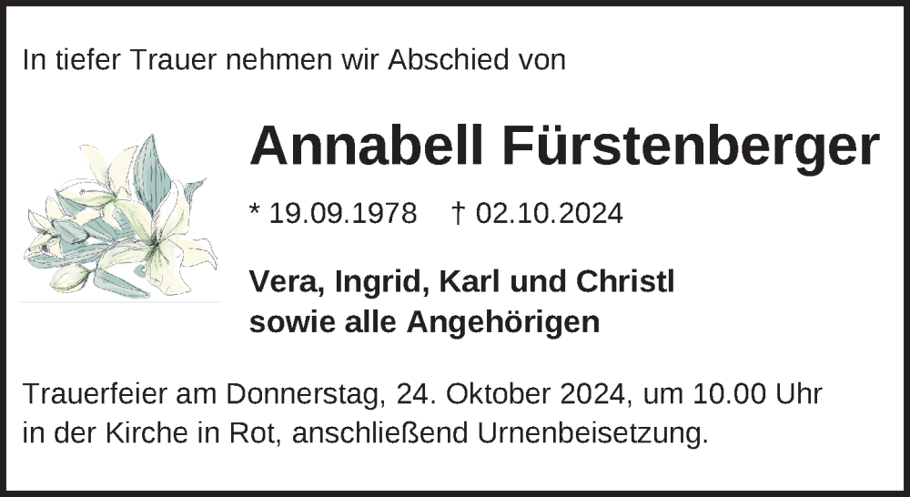  Traueranzeige für Annabell Fürstenberger vom 22.10.2024 aus Laupheim