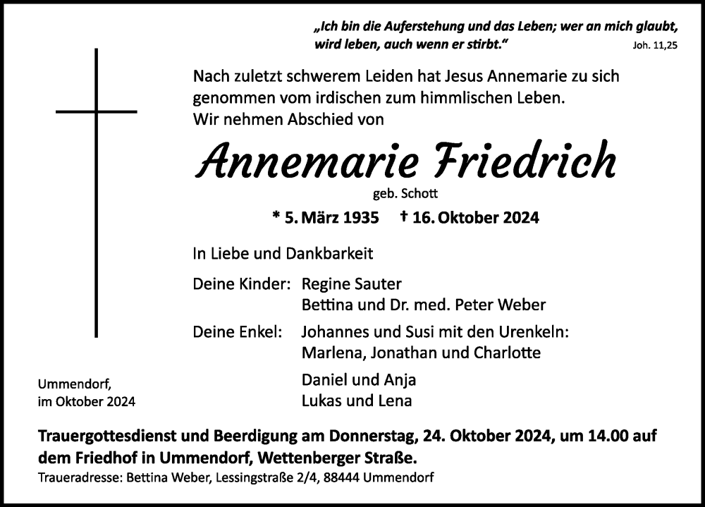  Traueranzeige für Annemarie Friedrich vom 22.10.2024 aus Wangen