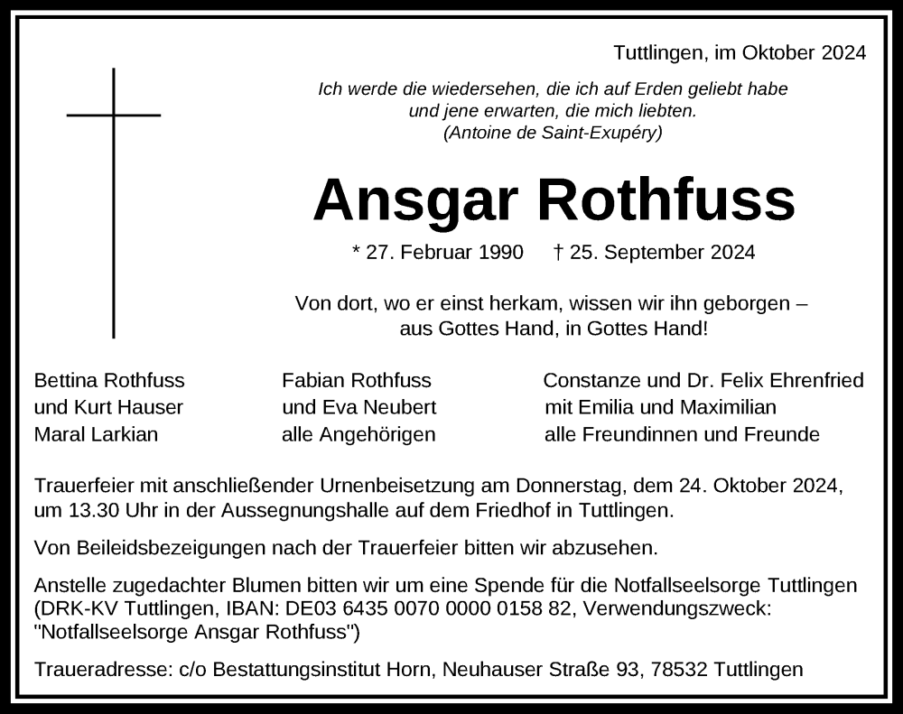  Traueranzeige für Ansgar Rothfuss vom 19.10.2024 aus Tuttlingen, Spaichingen, Trossingen