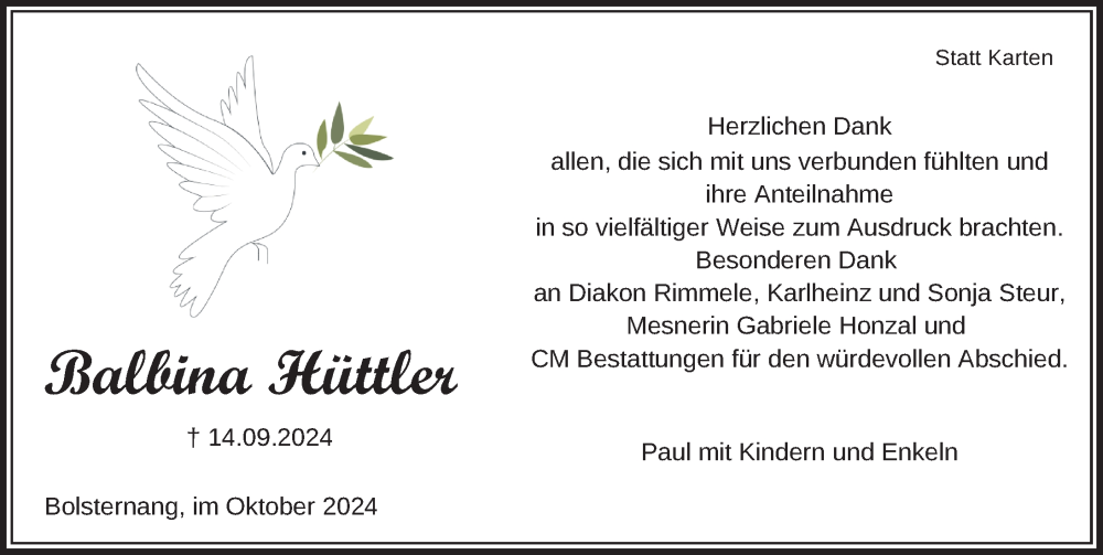  Traueranzeige für Balbina Hüttler vom 12.10.2024 aus Leutkirch