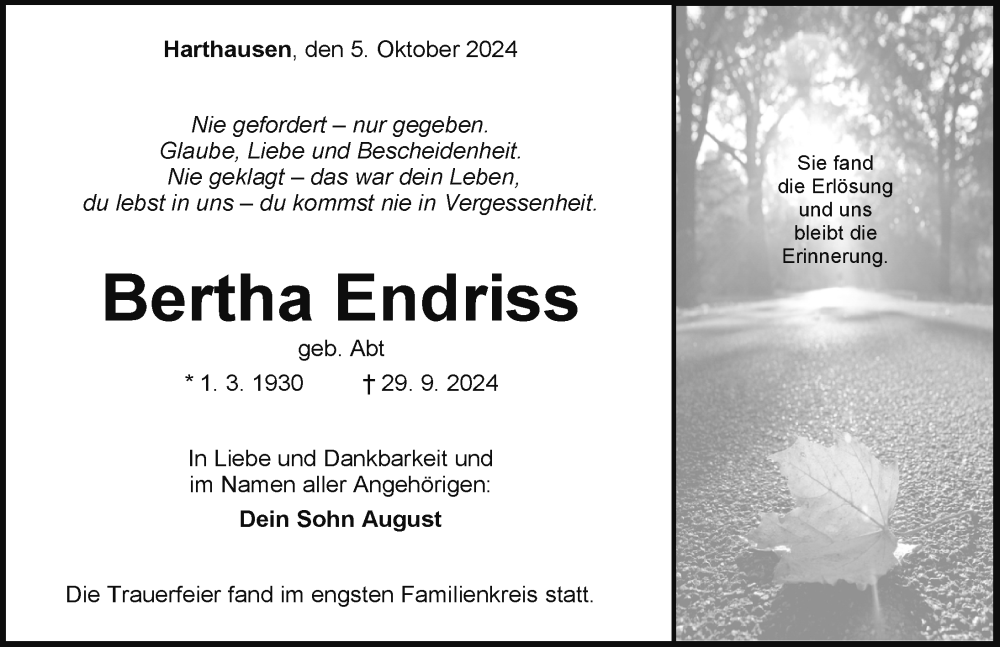  Traueranzeige für Bertha Endriss vom 05.10.2024 aus Balingen