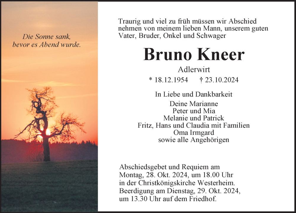  Traueranzeige für Bruno Kneer vom 26.10.2024 aus Laichingen, Ulm