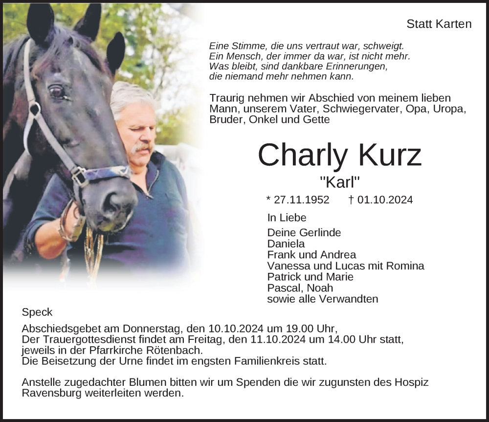  Traueranzeige für Charly Kurz vom 08.10.2024 aus Wangen