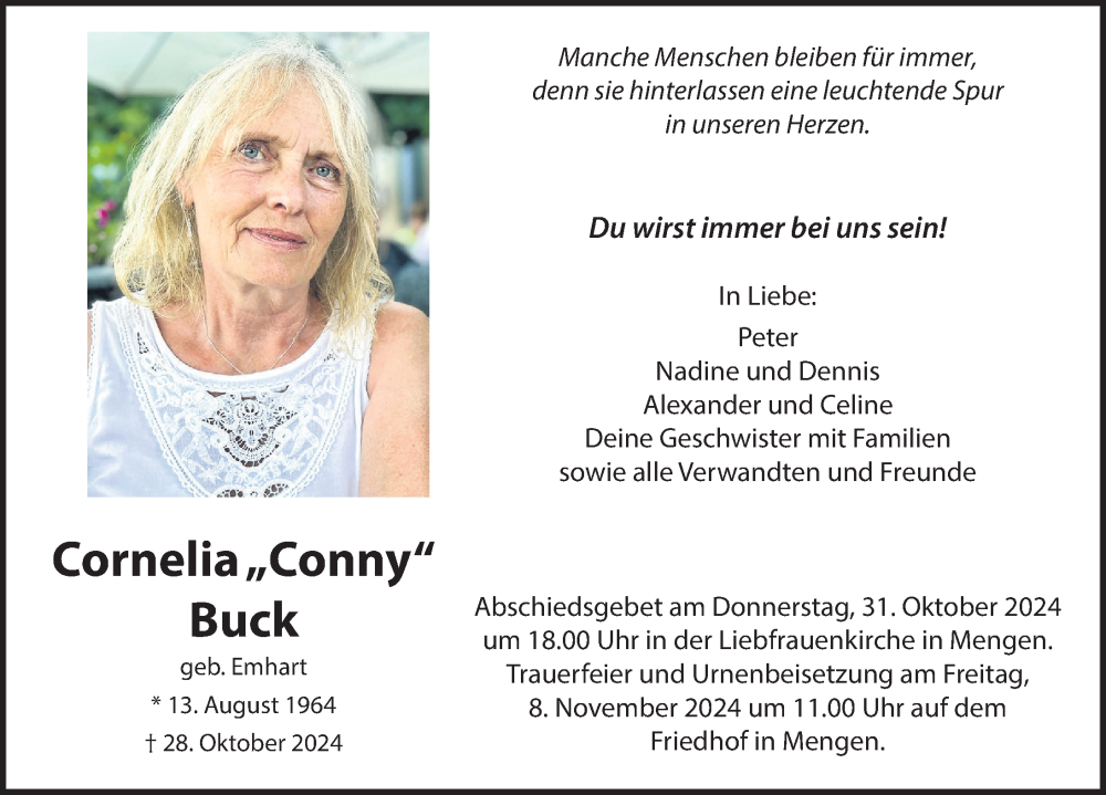  Traueranzeige für Cornelia Buck vom 31.10.2024 aus Bad Saulgau