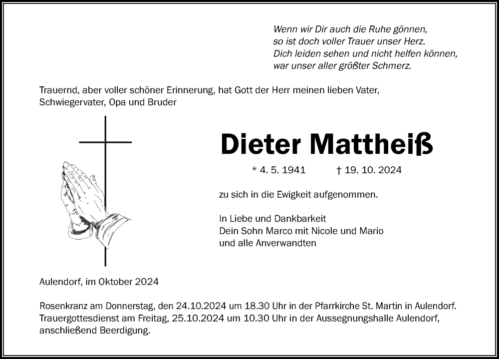  Traueranzeige für Dieter Mattheiß vom 22.10.2024 aus Bad Waldsee