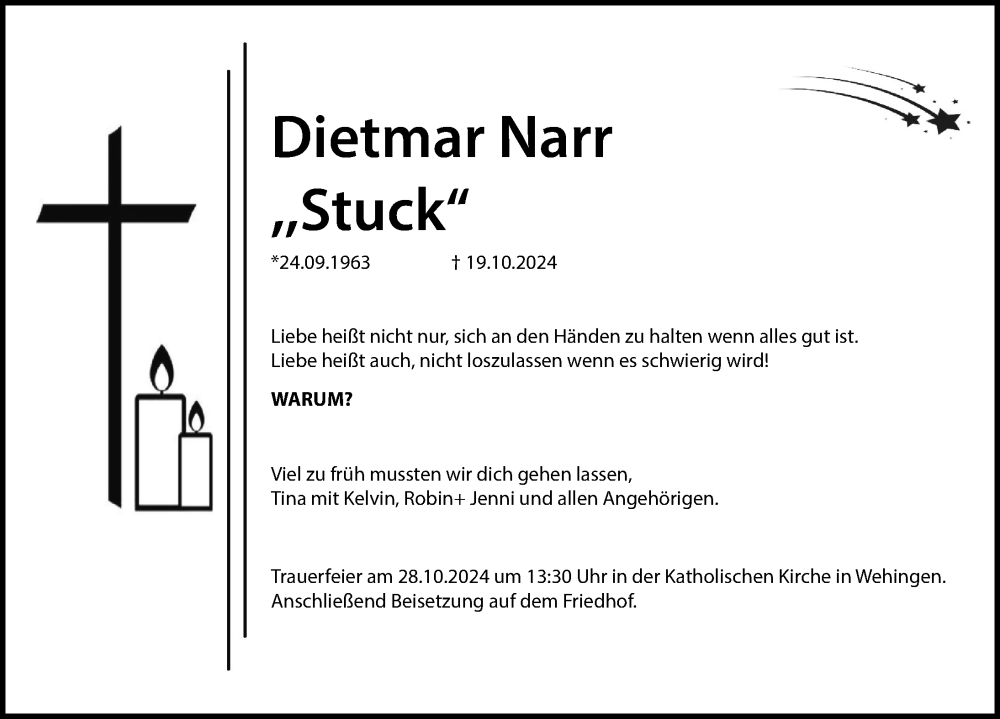  Traueranzeige für Dietmar Narr vom 24.10.2024 aus Tuttlingen, Spaichingen, Trossingen