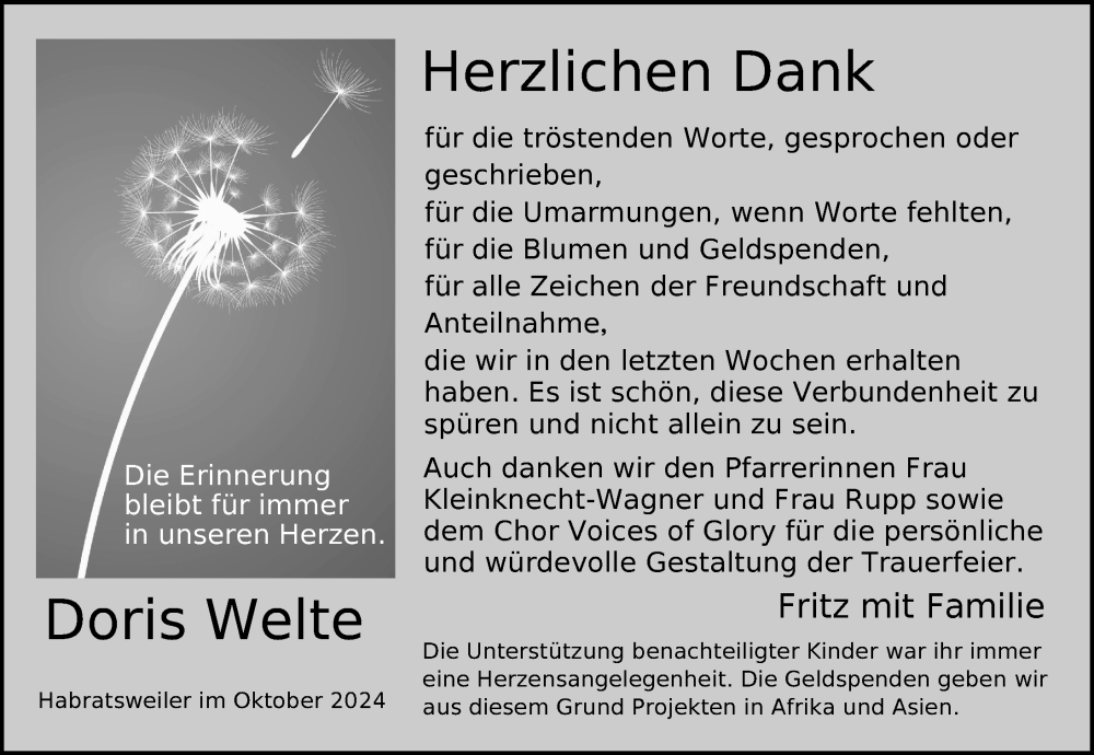  Traueranzeige für Doris Welte vom 26.10.2024 aus Friedrichshafen