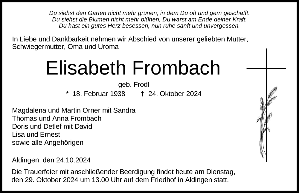  Traueranzeige für Elisabeth Frombach vom 29.10.2024 aus Tuttlingen, Spaichingen, Trossingen