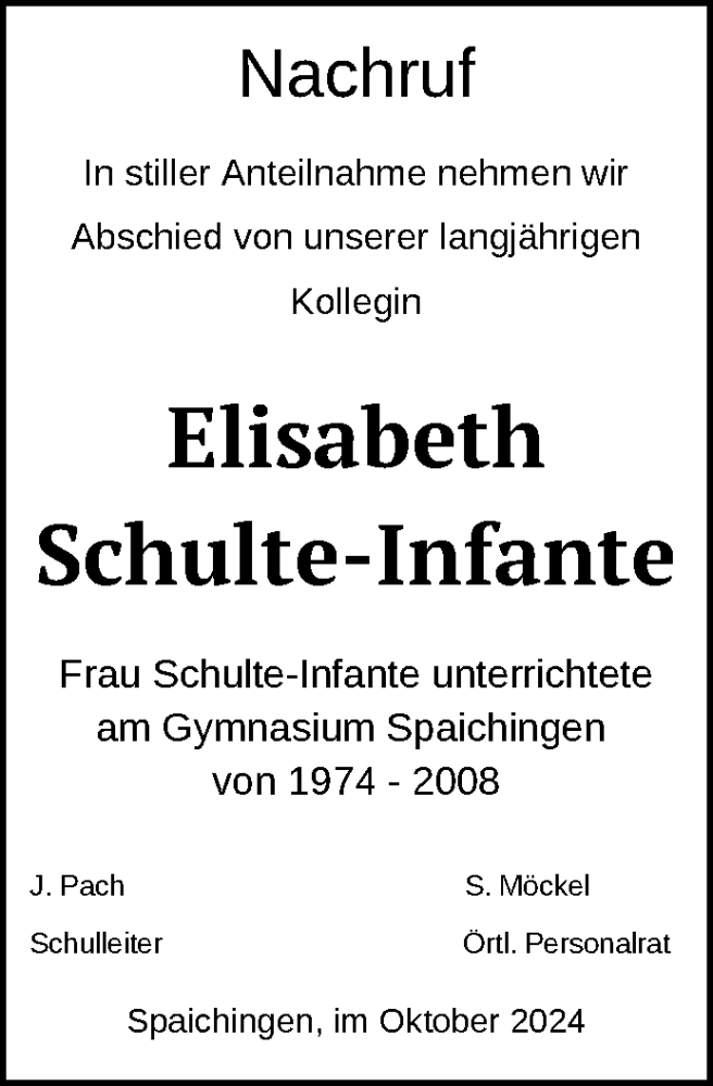  Traueranzeige für Elisabeth Schulte-Infante vom 02.10.2024 aus Tuttlingen, Spaichingen, Trossingen