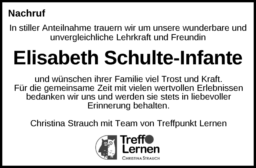  Traueranzeige für Elisabeth Schulte-Infante vom 11.10.2024 aus Tuttlingen, Spaichingen, Trossingen