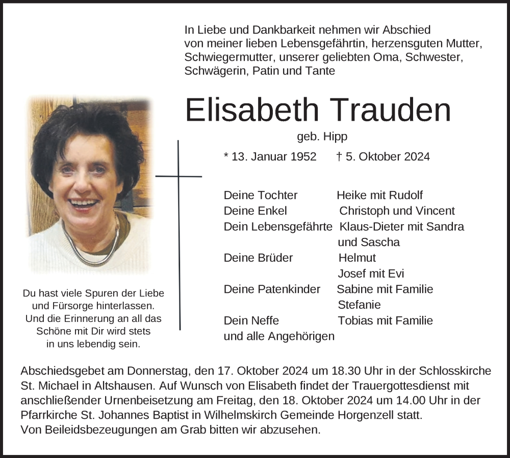  Traueranzeige für Elisabeth Trauden vom 12.10.2024 aus Ravensburg