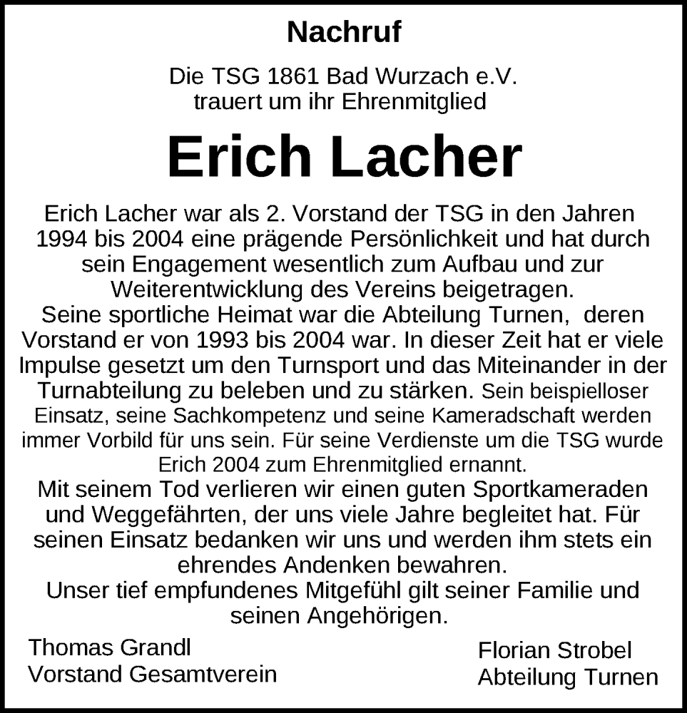  Traueranzeige für Erich Lacher vom 29.10.2024 aus Leutkirch