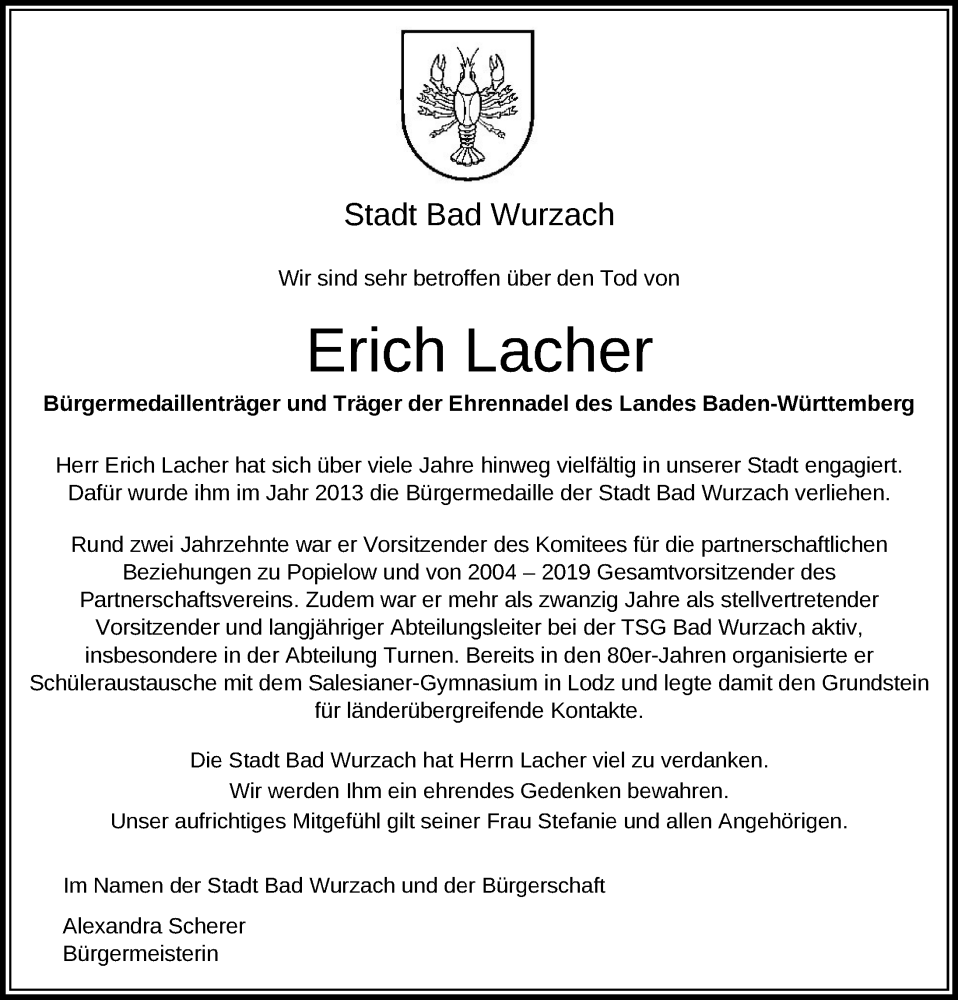  Traueranzeige für Erich Lacher vom 31.10.2024 aus Leutkirch