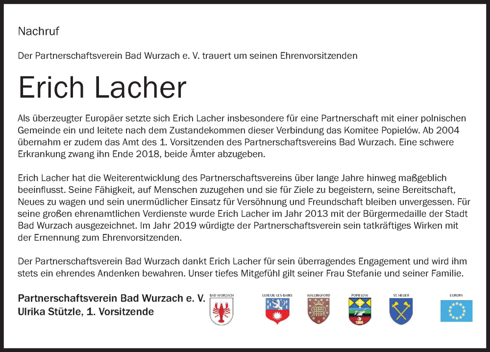  Traueranzeige für Erich Lacher vom 29.10.2024 aus Leutkirch