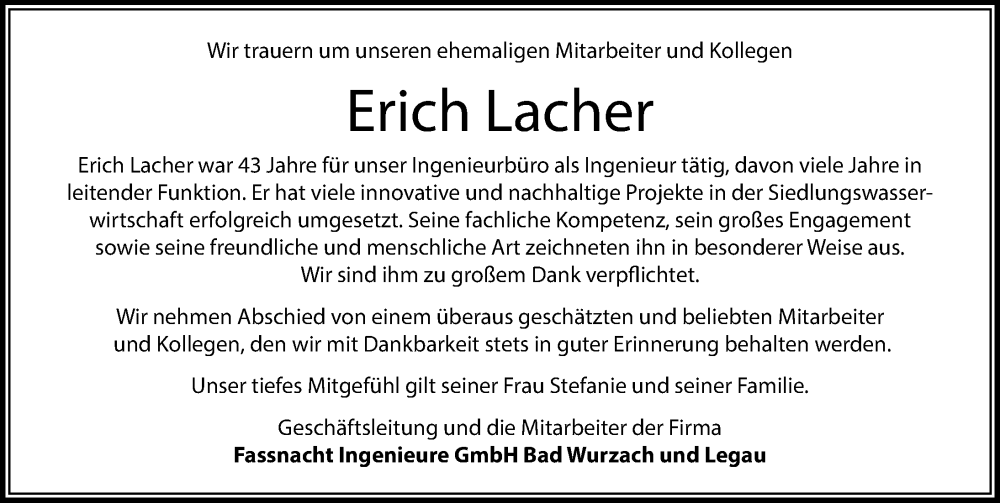  Traueranzeige für Erich Lacher vom 31.10.2024 aus Leutkirch