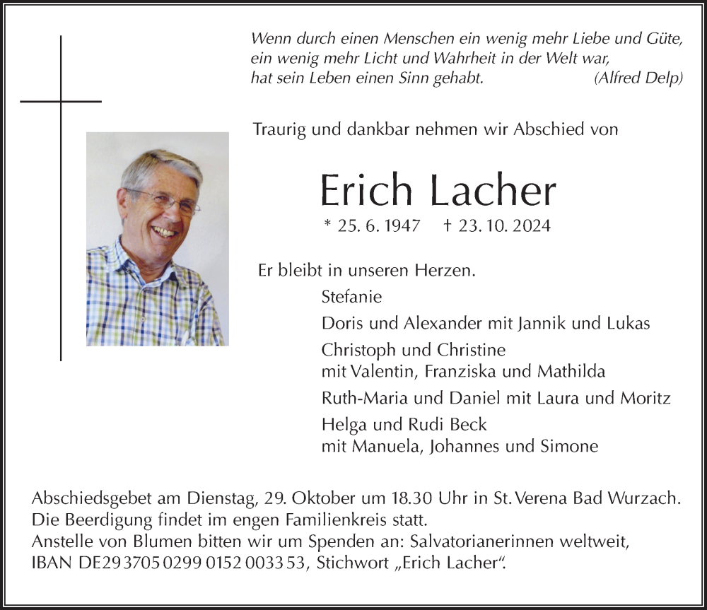  Traueranzeige für Erich Lacher vom 26.10.2024 aus Leutkirch