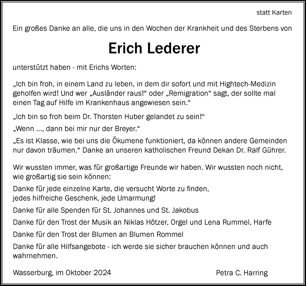  Traueranzeige für Erich Lederer vom 05.10.2024 aus Lindau