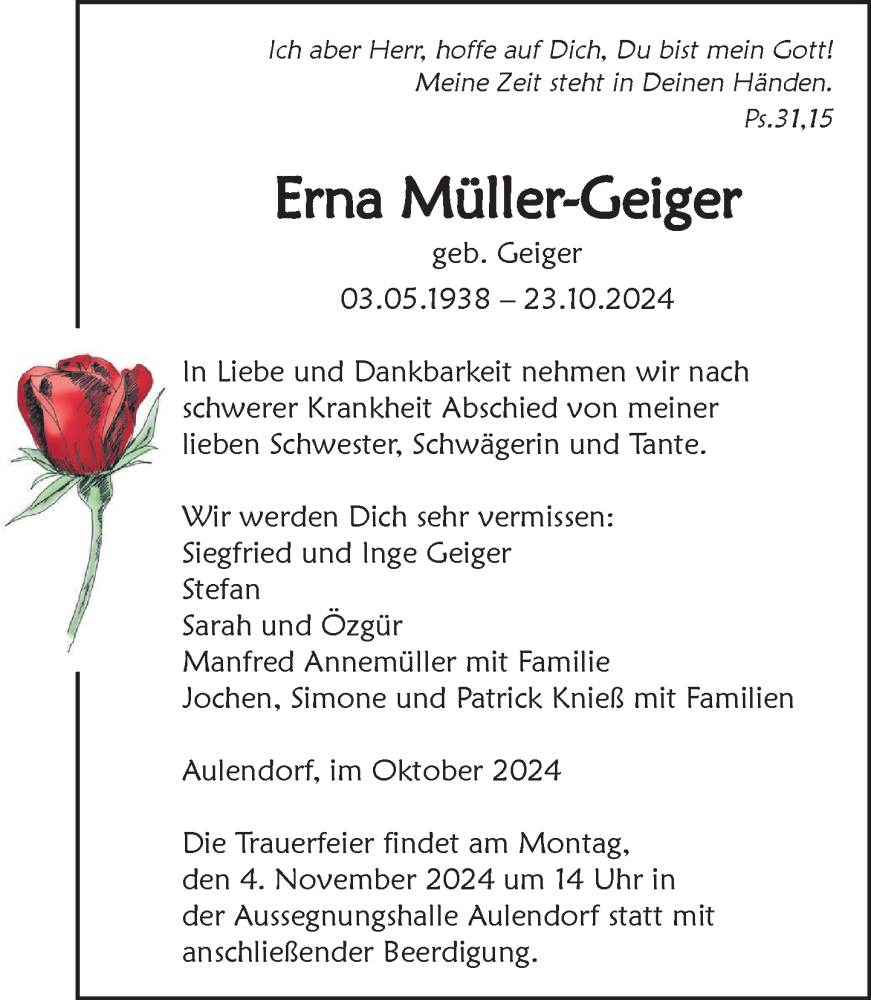  Traueranzeige für Erna Müller-Geiger vom 30.10.2024 aus Bad Waldsee