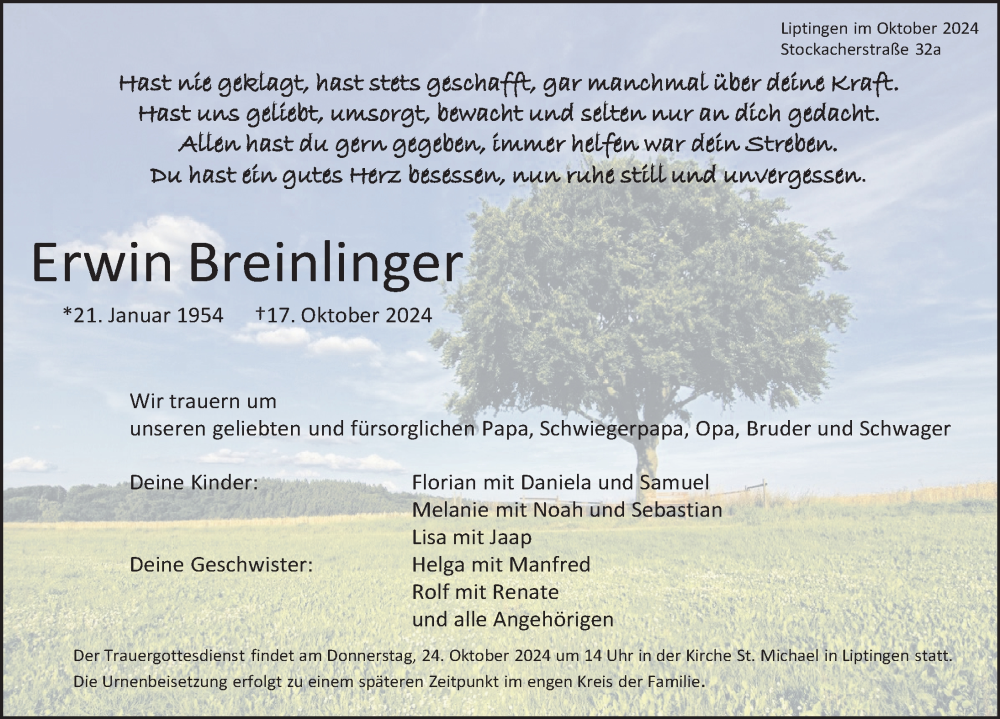  Traueranzeige für Erwin Breinlinger vom 22.10.2024 aus Tuttlingen, Spaichingen, Trossingen